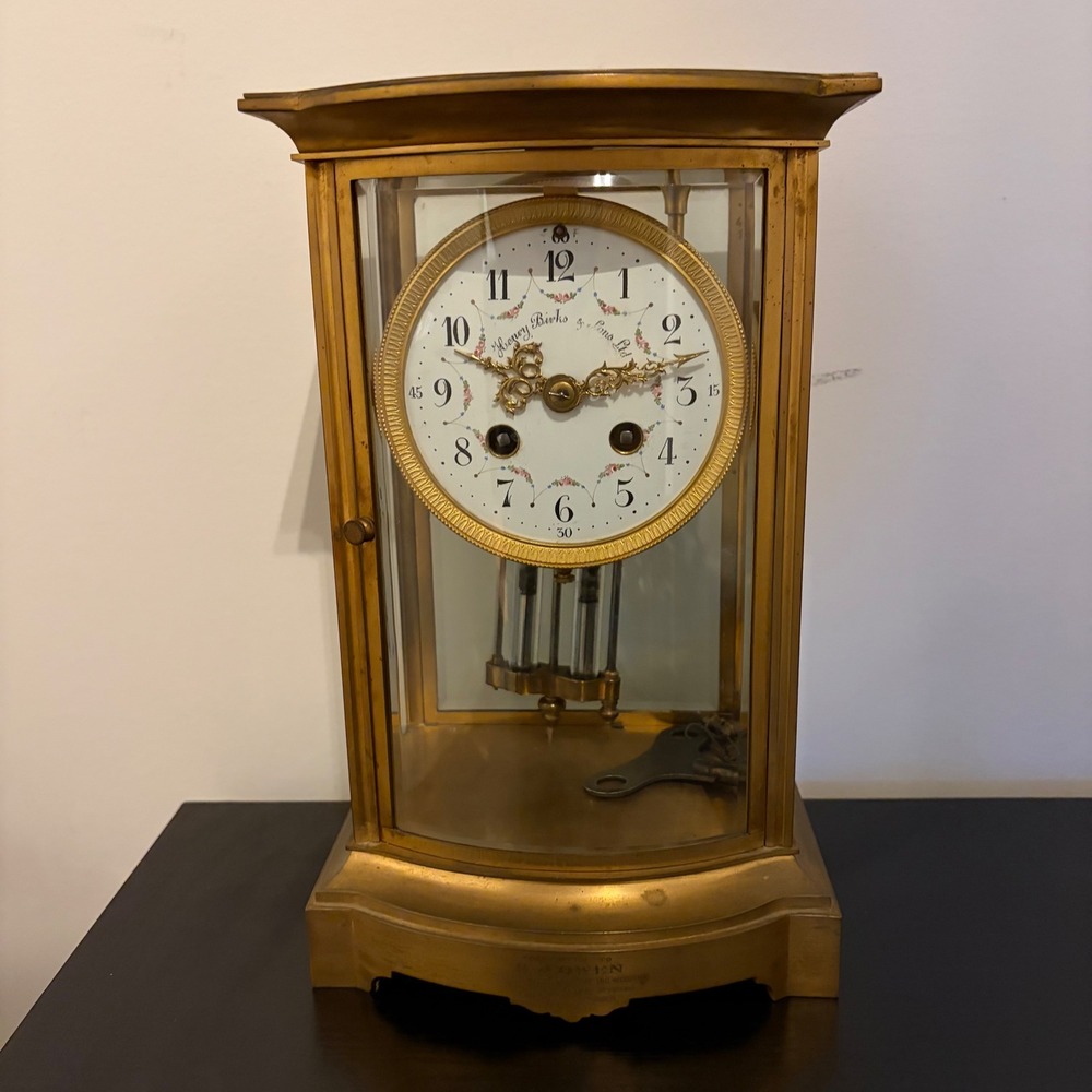 Henry Birks & Sons Antique Brass Carriage Clock Floral Dial 1925 Inscription